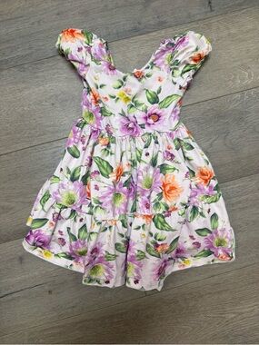 Janie and Jack White Floral Tiered Sundress with Purple & Orange Blooms